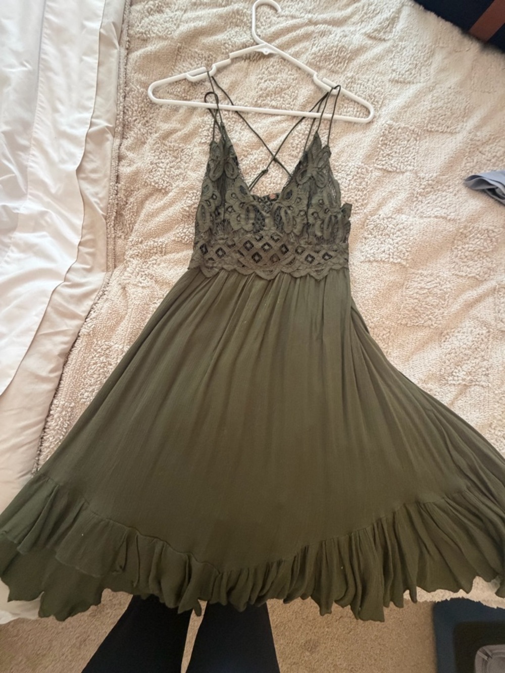 Free People Olive Green Lace-Front Midi Dress